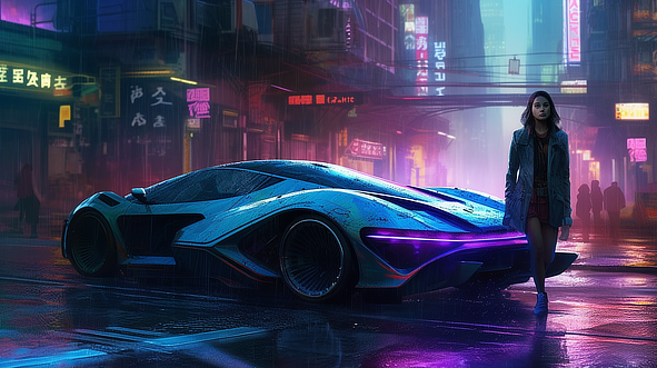 a man standing next to a futuristic car