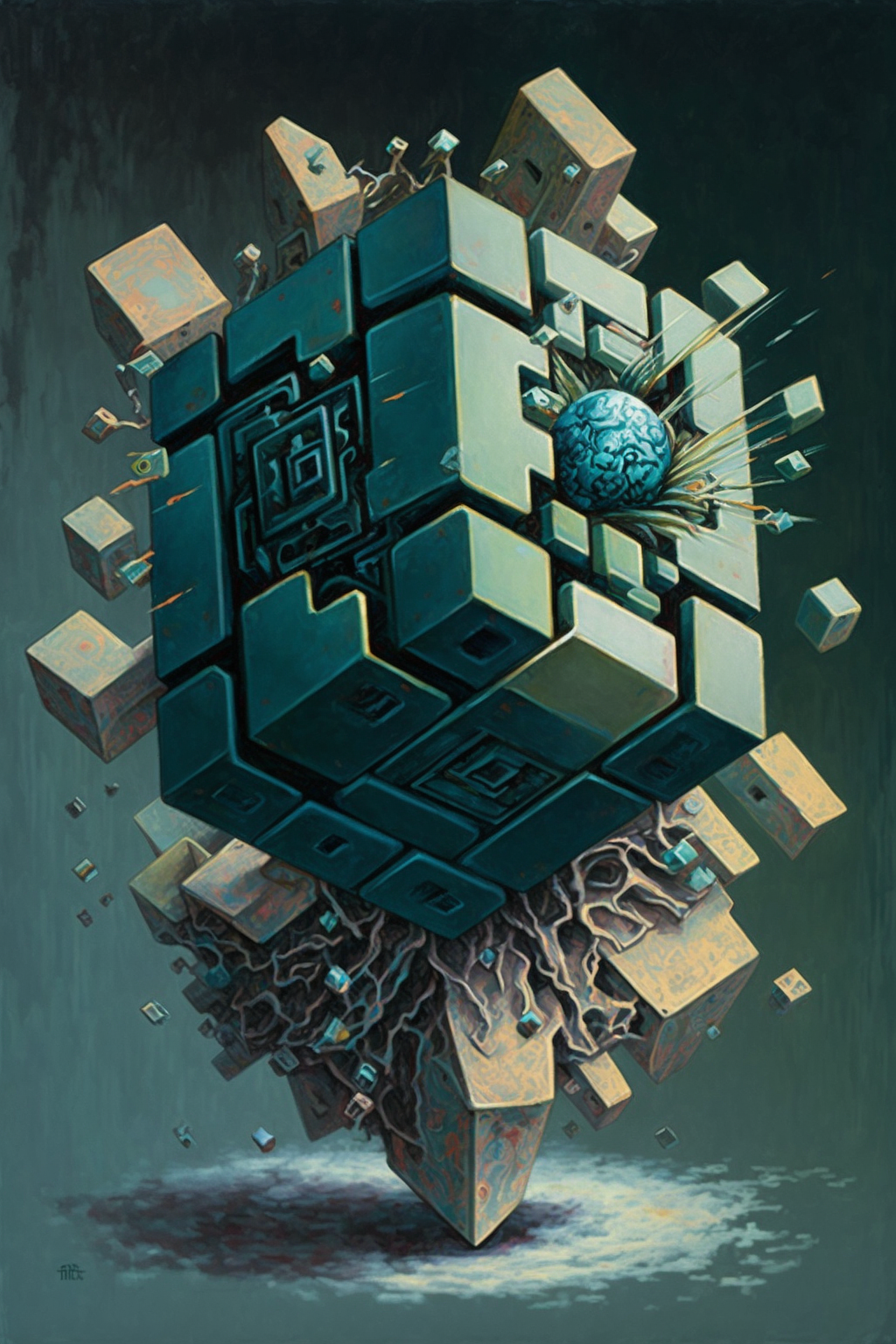a digital art of a cube with a sphere in it