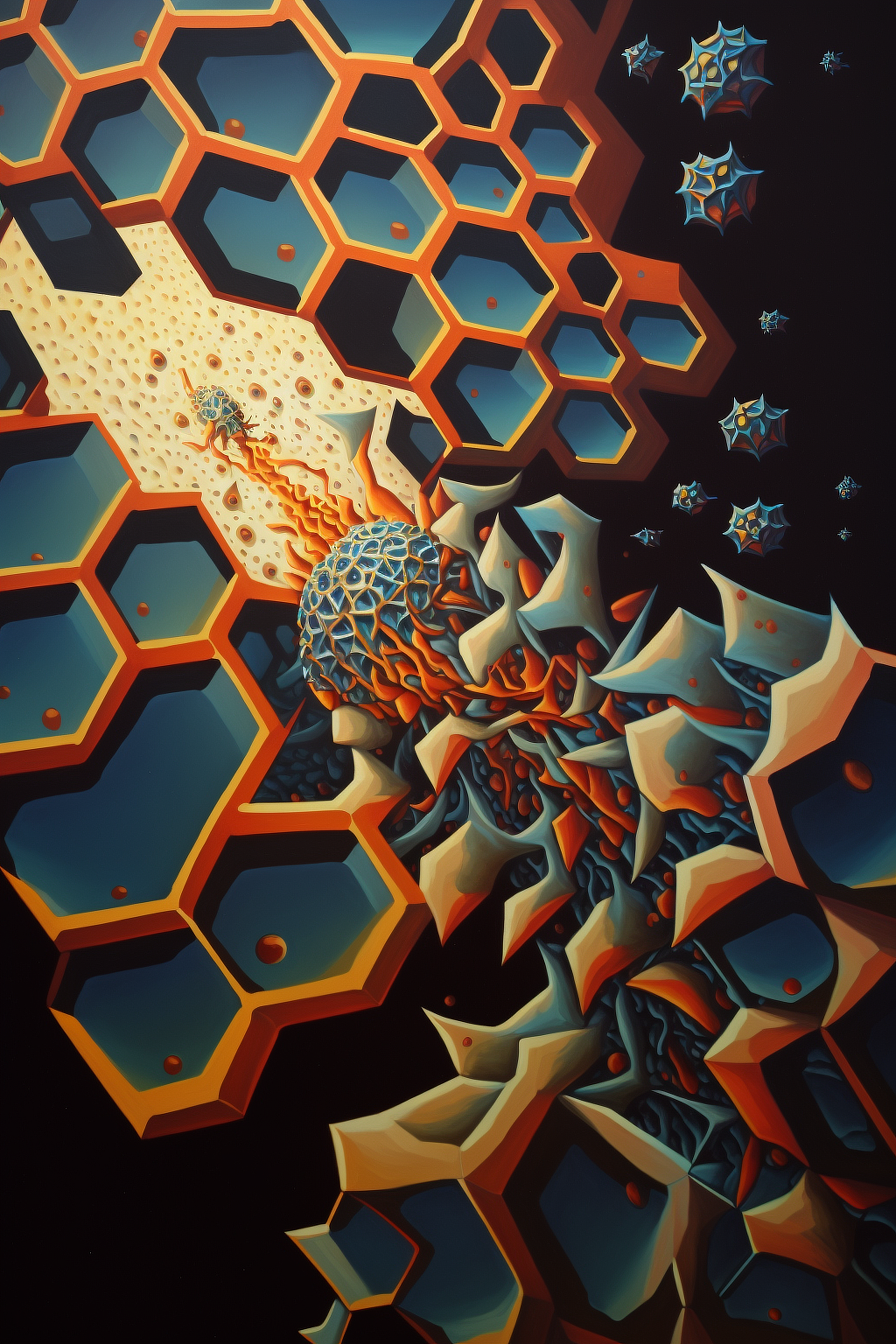 a blue and orange hexagons with a ball in the middle