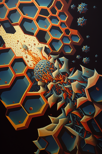 a blue and orange hexagons with a ball in the middle