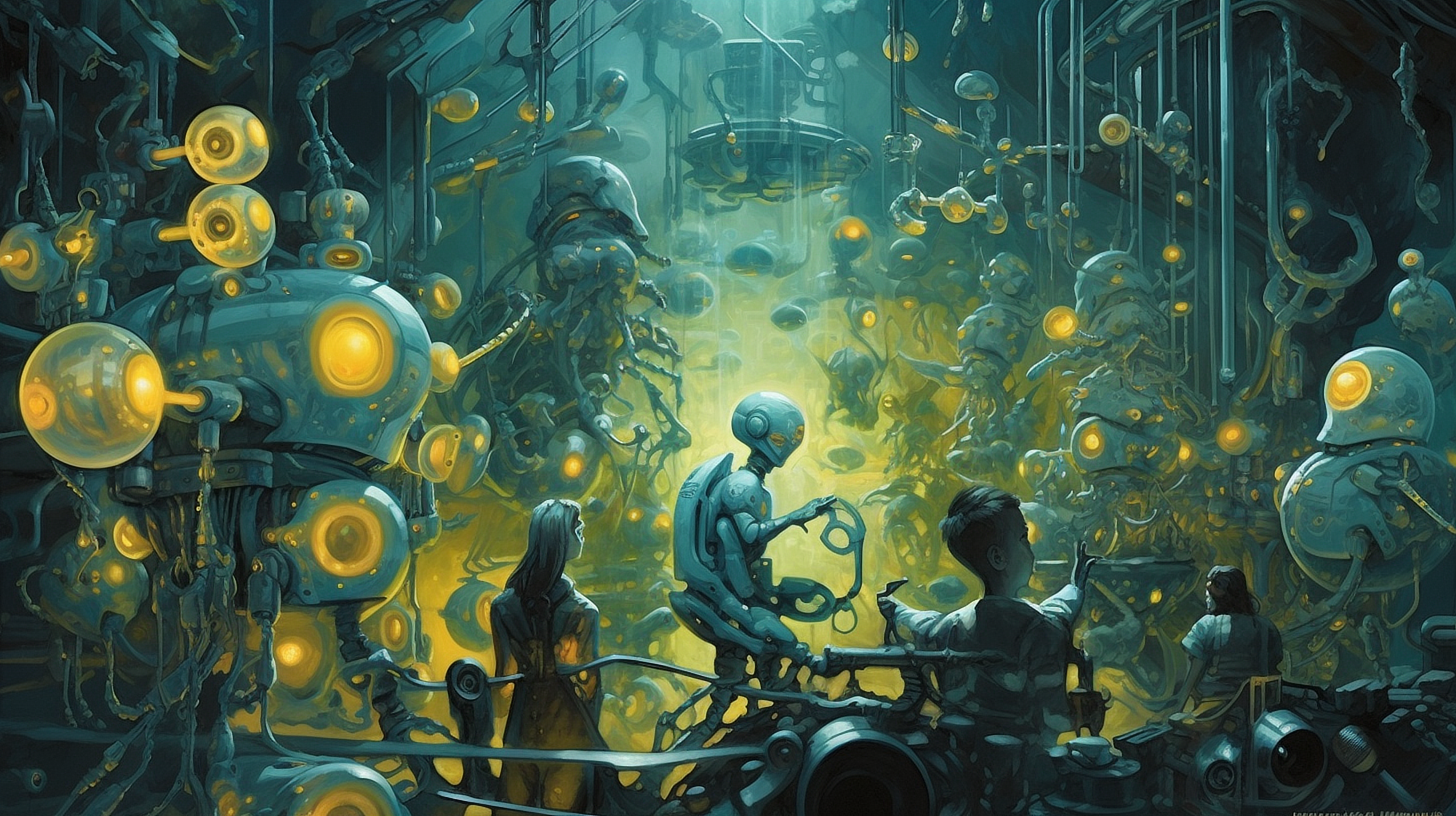 a group of people looking at robots