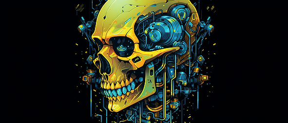 a yellow skull with blue and yellow metal parts