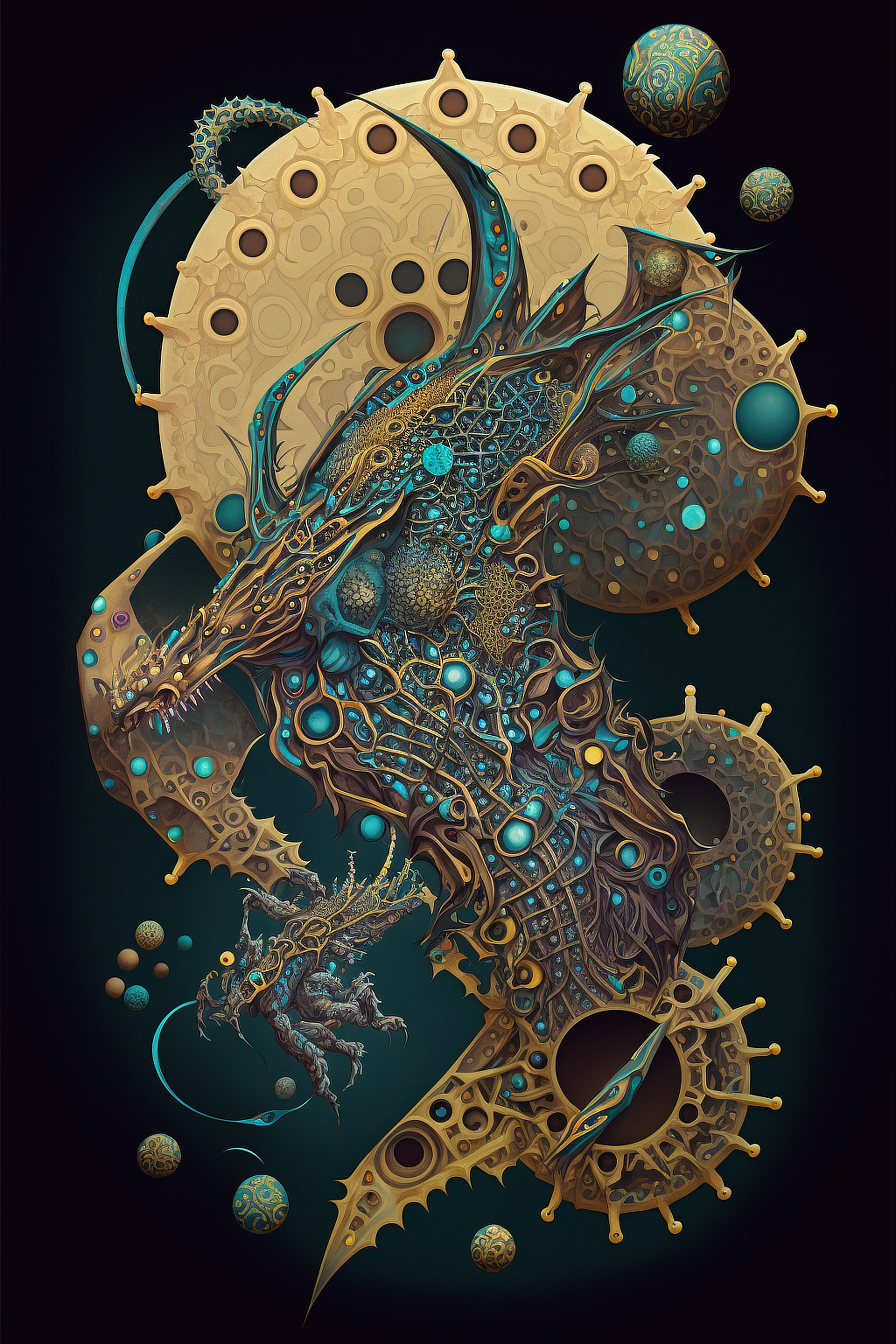 a artwork of a dragon with blue and gold circles and dots