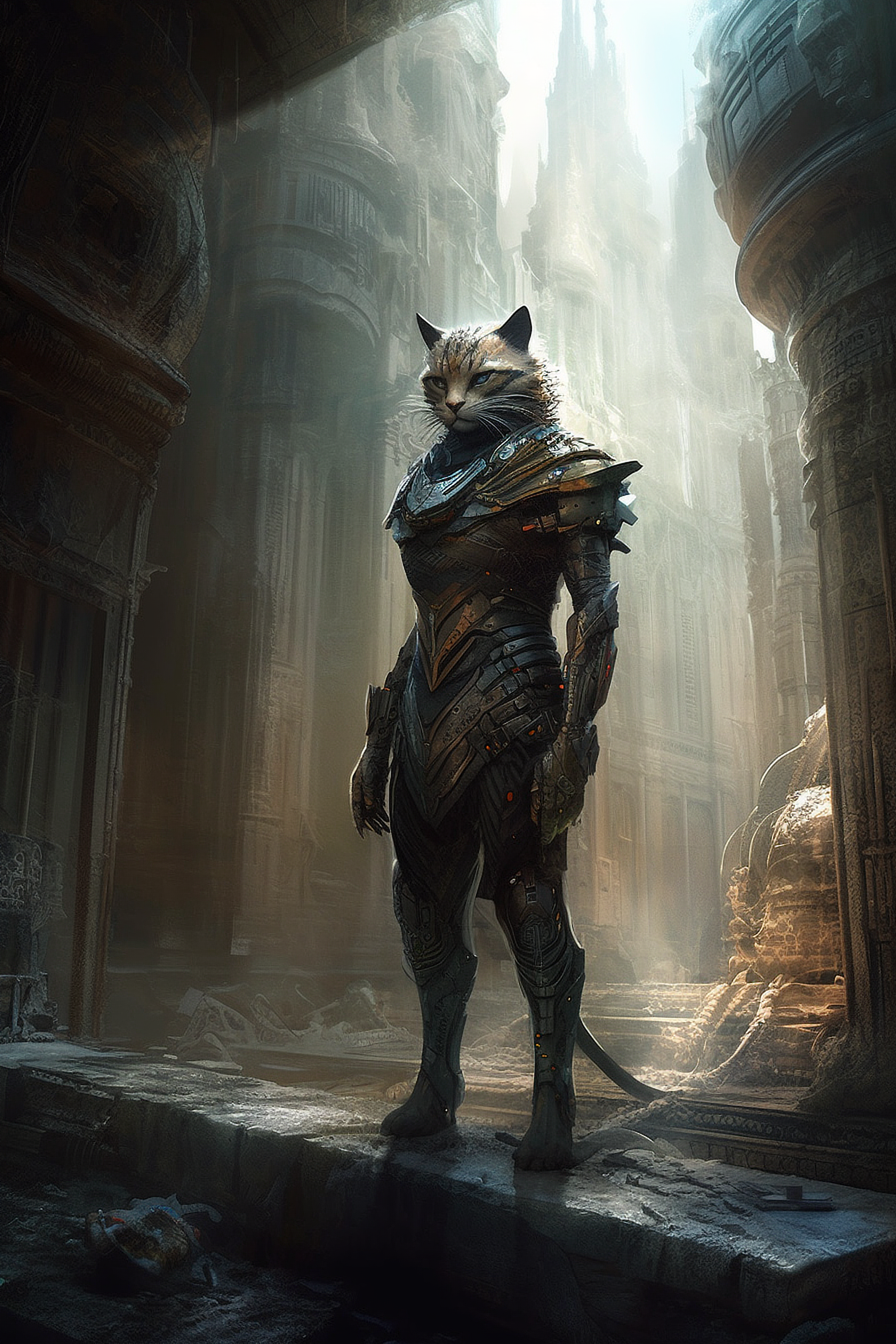 a cat in armor with a cat head