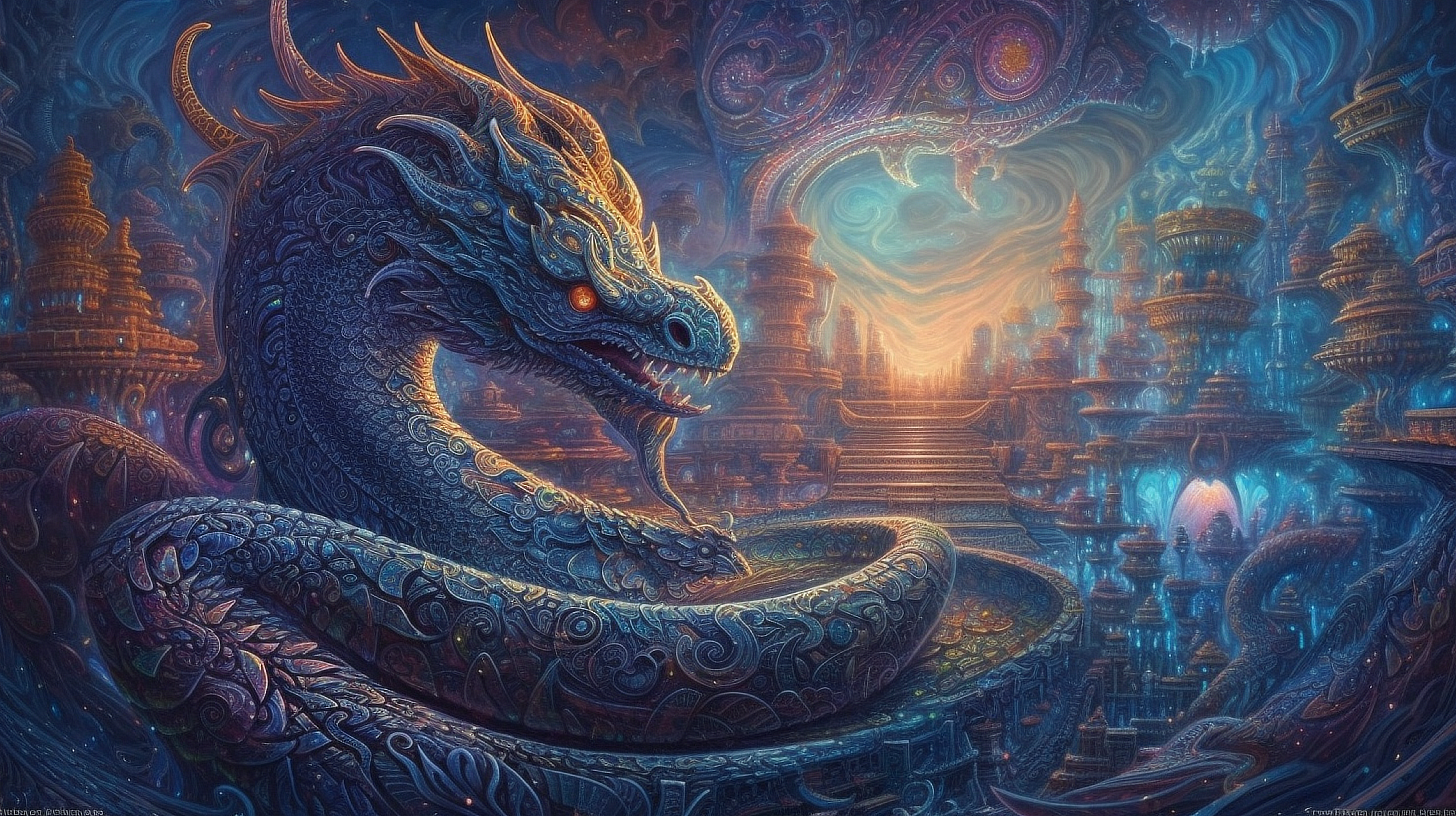 a blue dragon with a city behind it