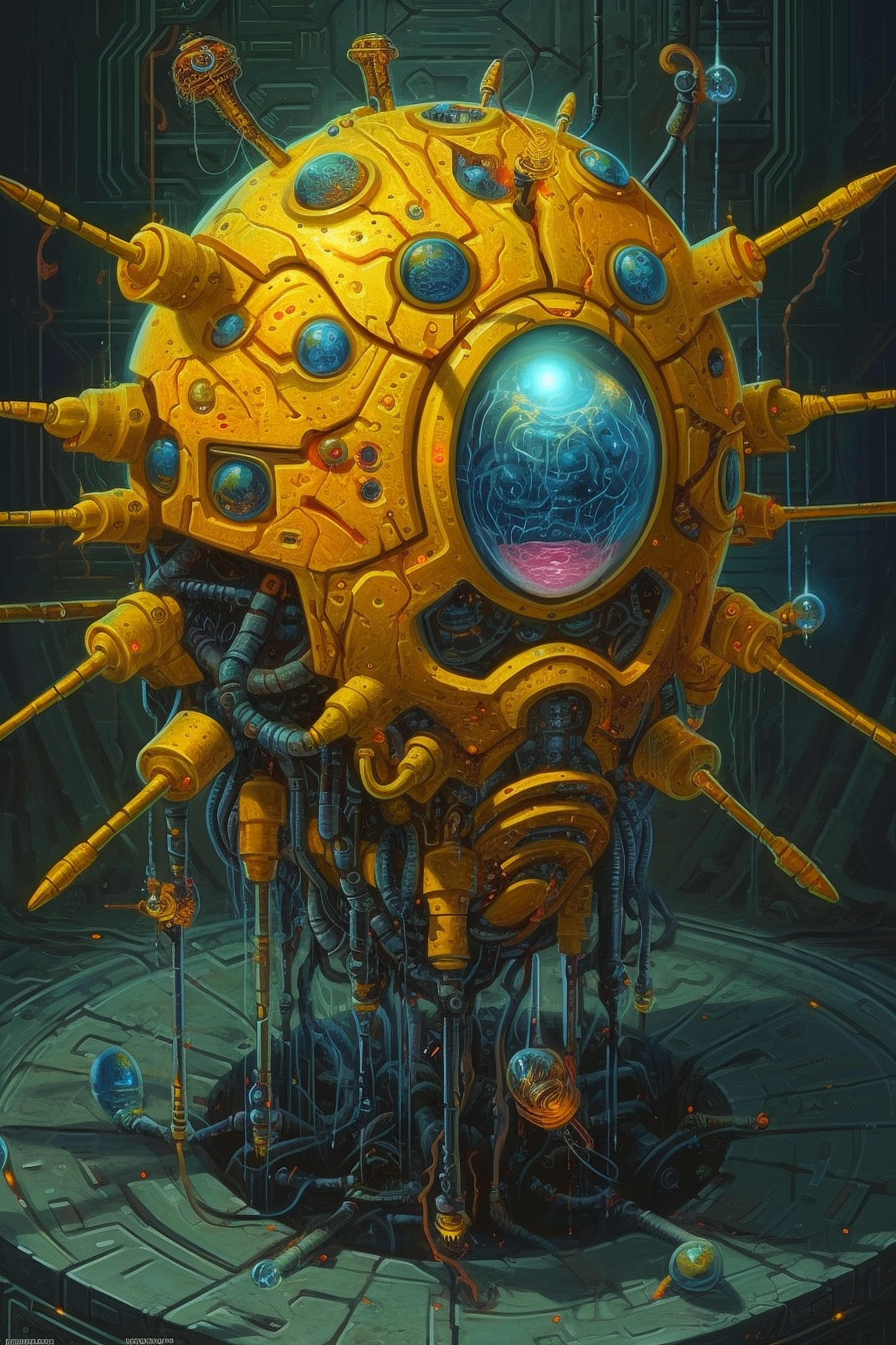 a yellow round object with many wires and a round eye