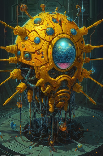 a yellow round object with many wires and a round eye