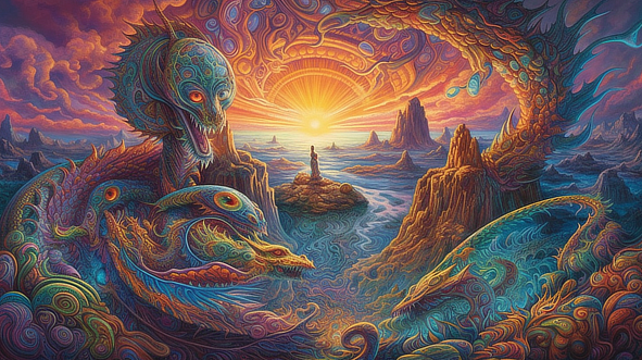 a colorful artwork of a person standing on a rock surrounded by water