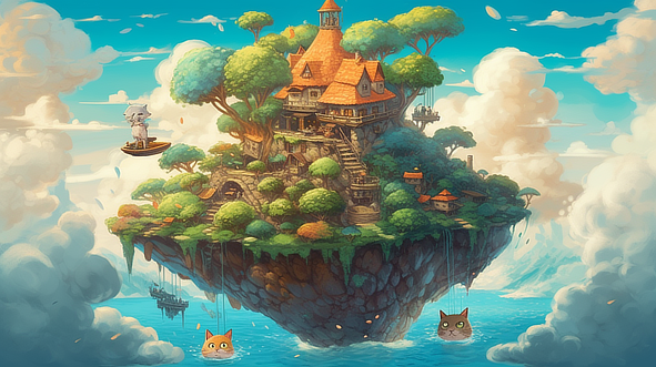 a cartoon of a house on a floating island