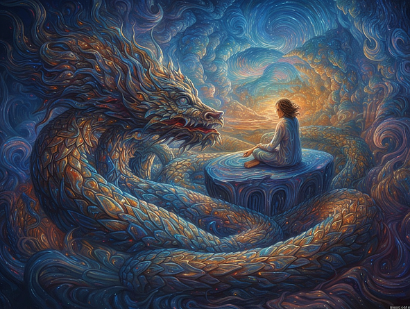 a person sitting on a pedestal looking at a dragon