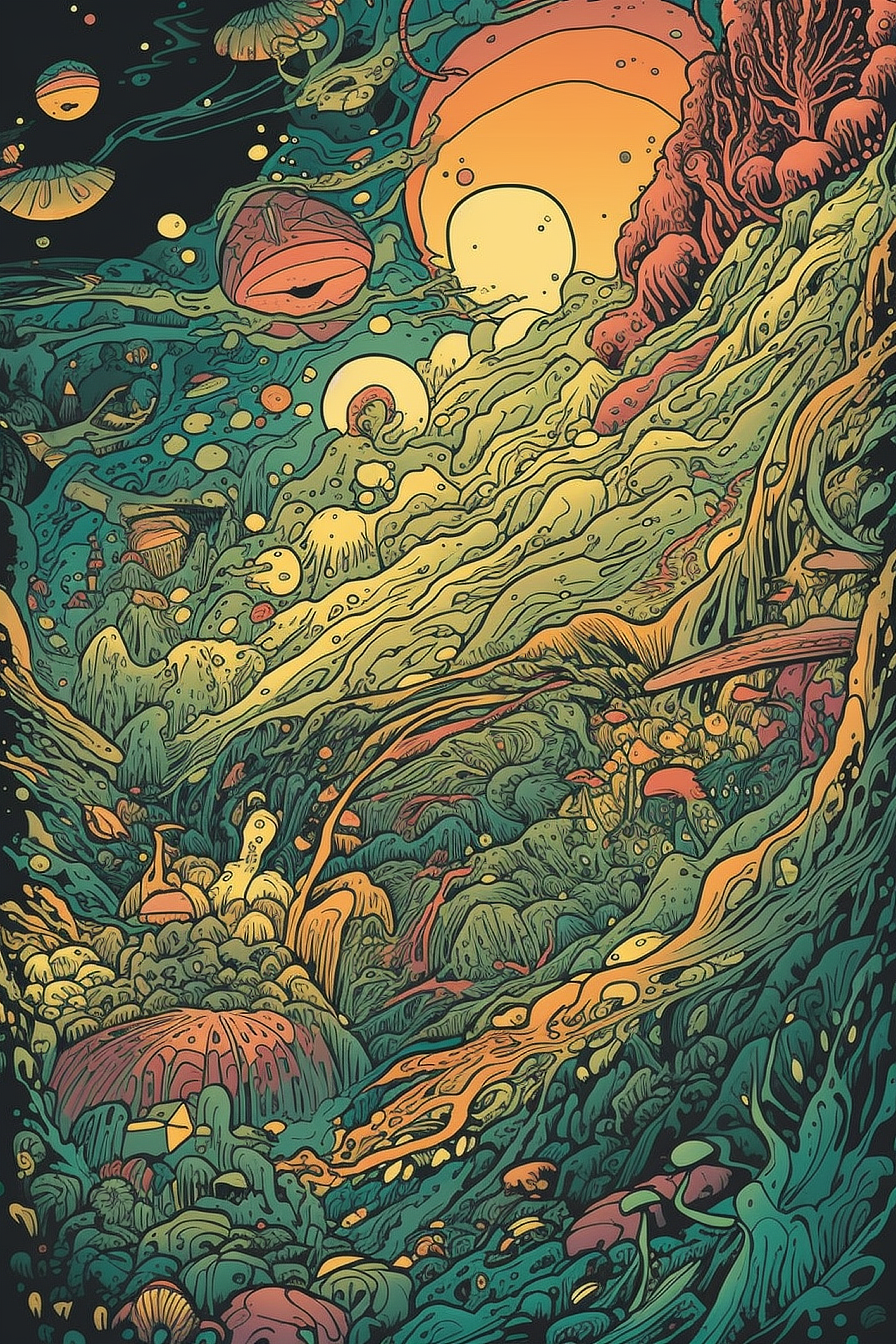 a colorful art of a forest