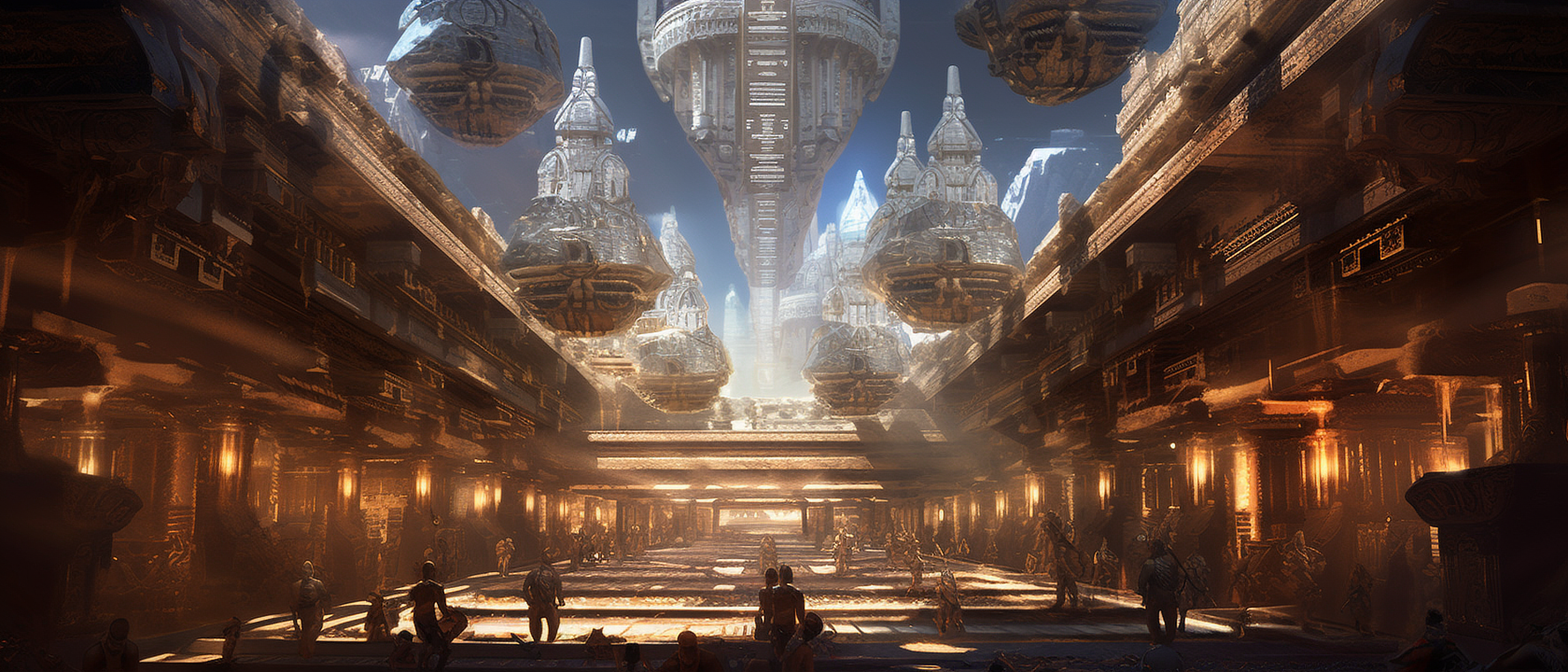 a group of people in a room with large metal objects