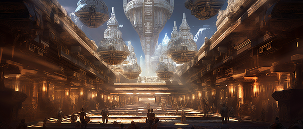 a group of people in a room with large metal objects