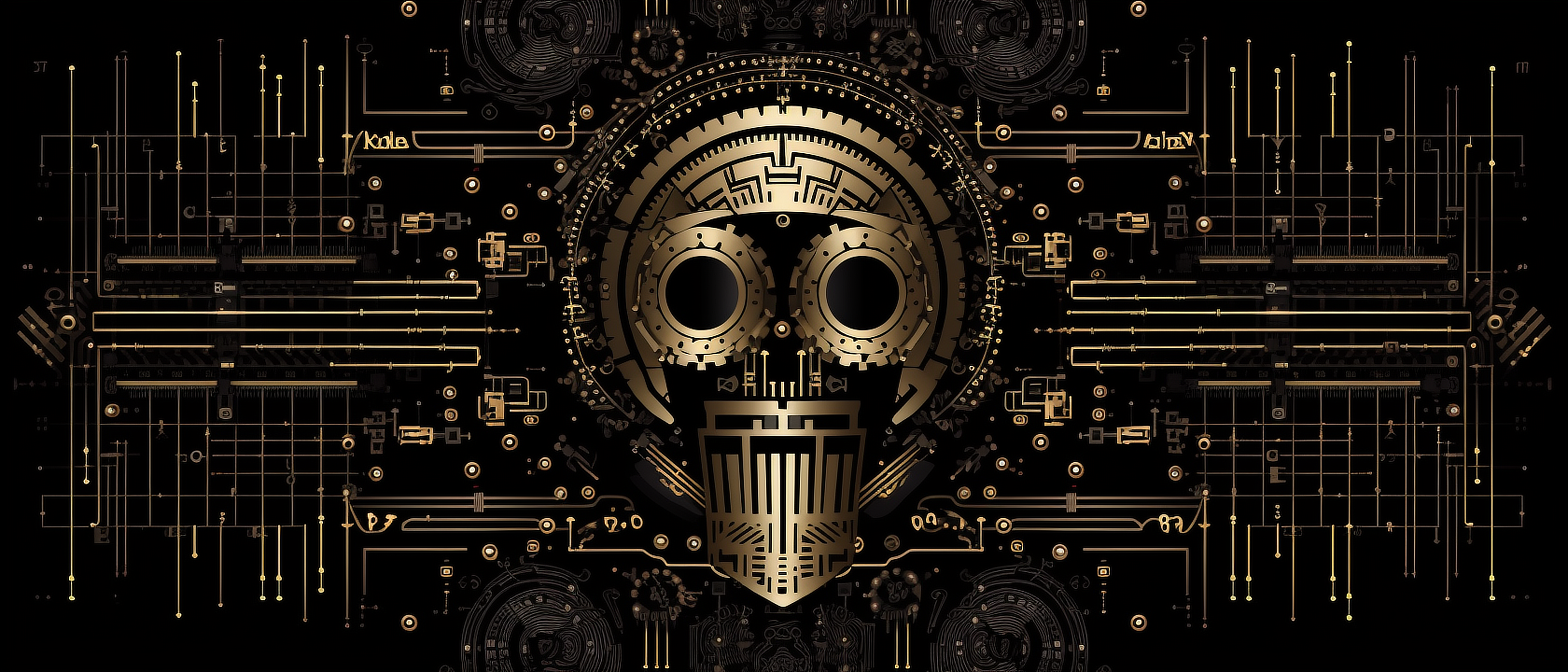 a gold and black background with a skull and a circular pattern