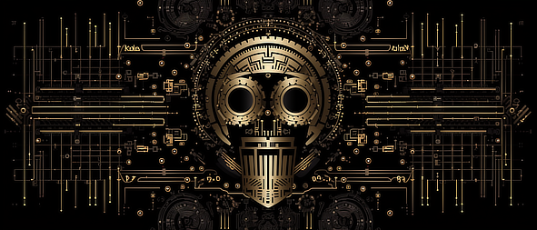 a gold and black background with a skull and a circular pattern