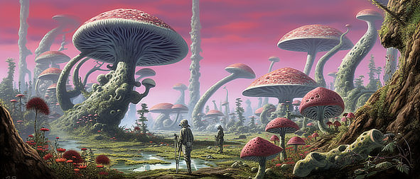 a group of mushrooms with people standing in the middle