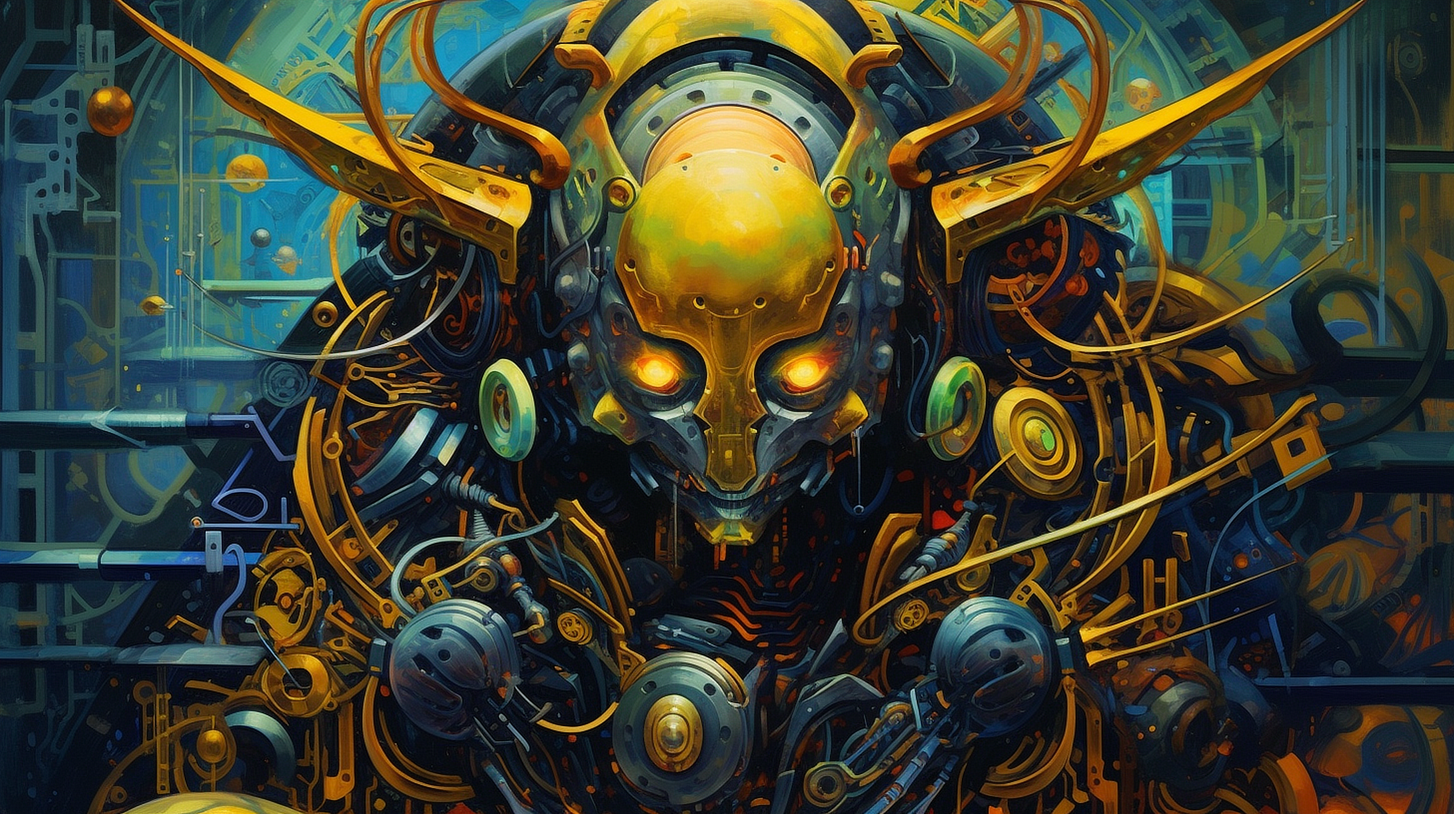 a robot with yellow eyes and yellow eyes