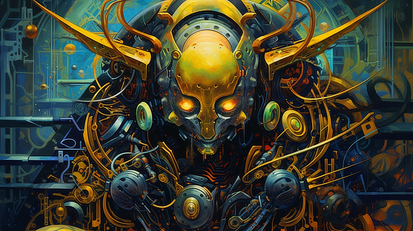 a robot with yellow eyes and yellow eyes