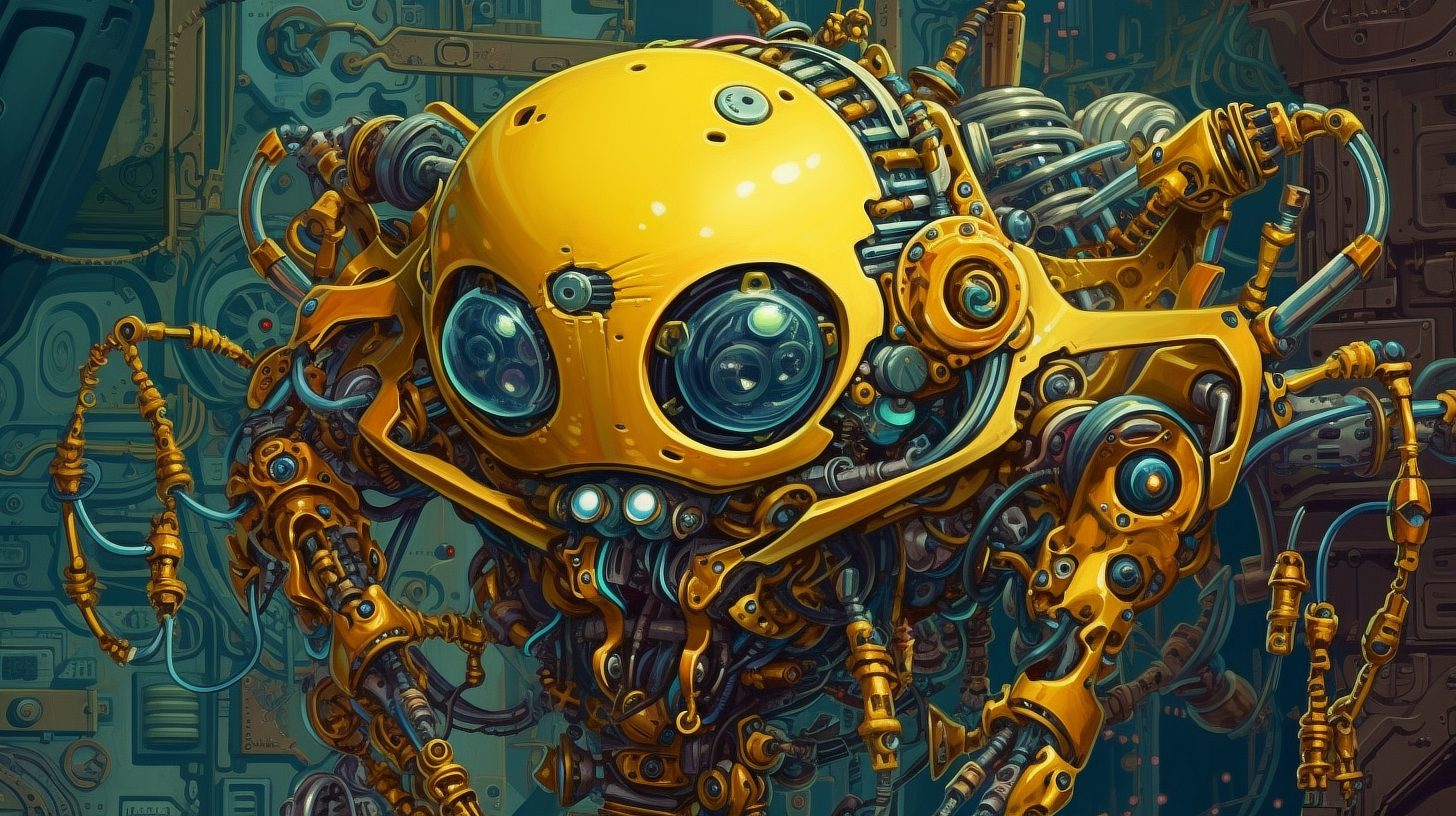 a yellow robot with many round eyes