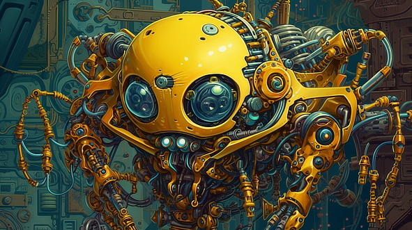 a yellow robot with many round eyes