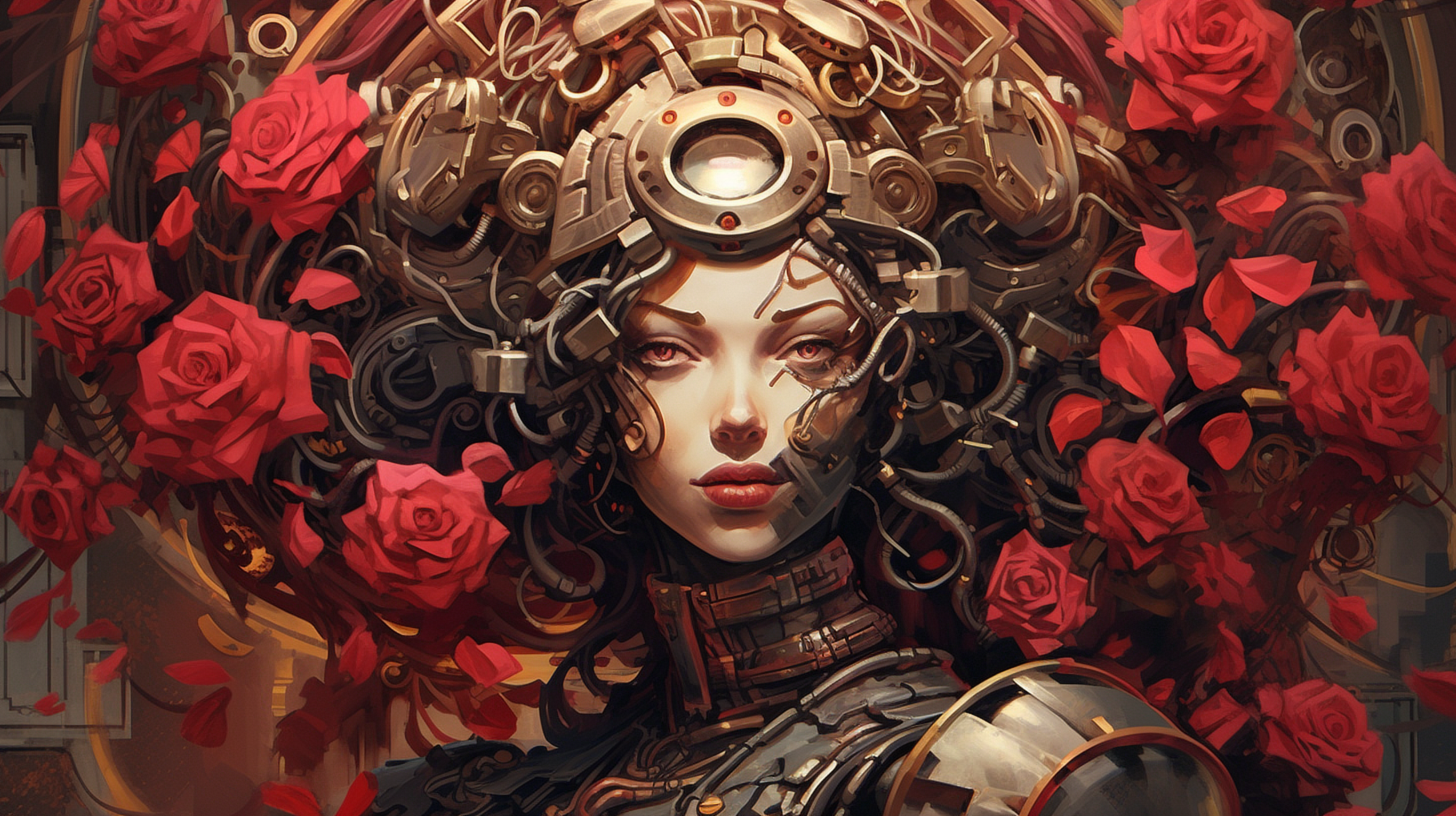 a woman with metal and red roses
