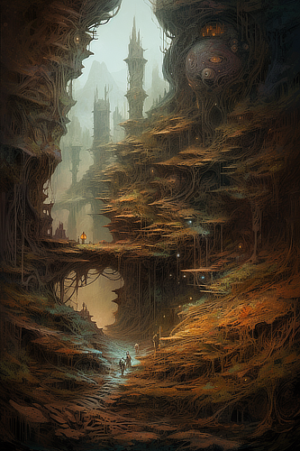 a landscape of a forest with trees and a river