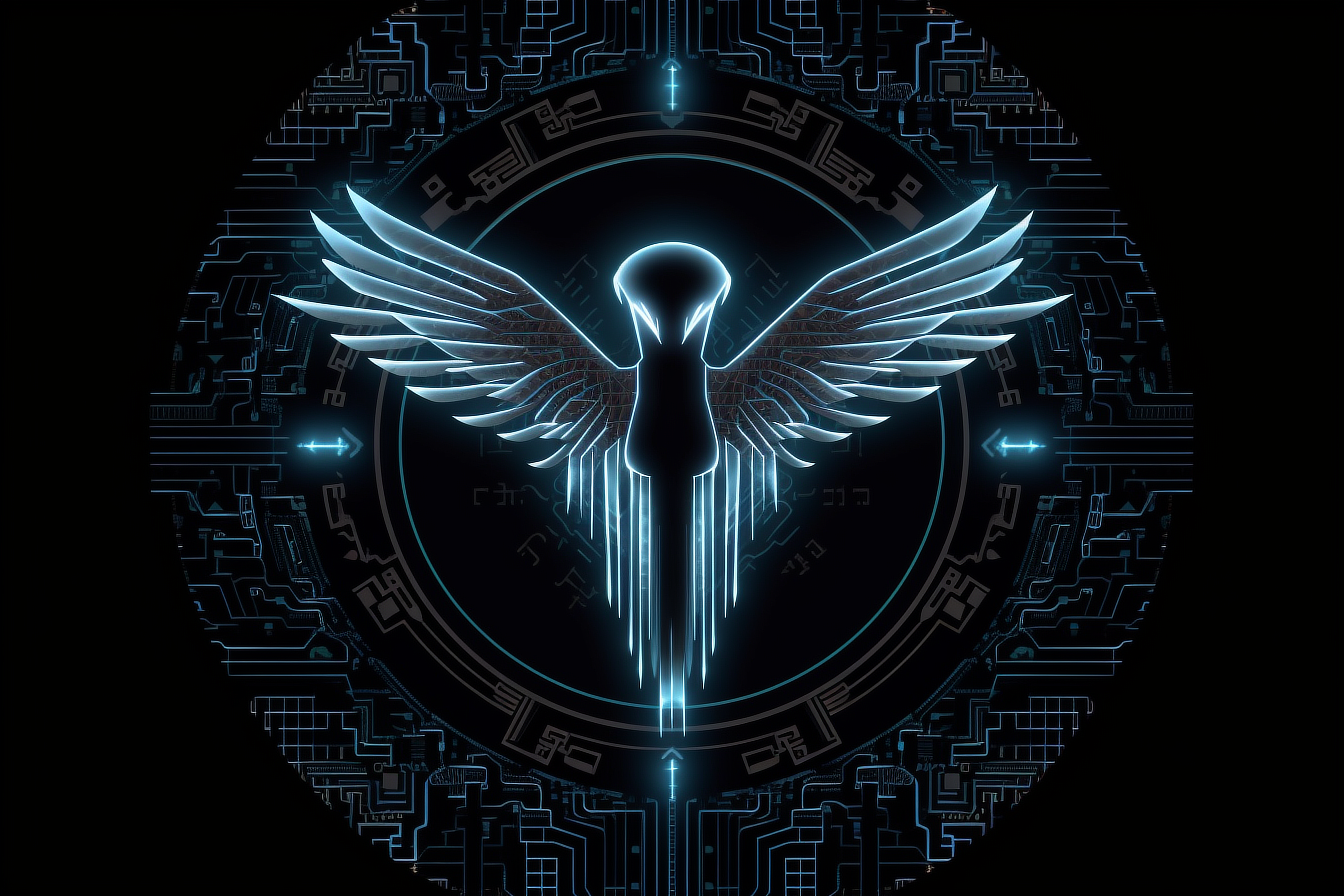 a blue bird with wings in a circle with lines around it