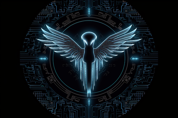 a blue bird with wings in a circle with lines around it