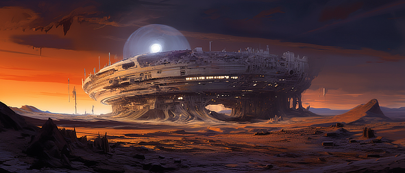 a large round building in a desert