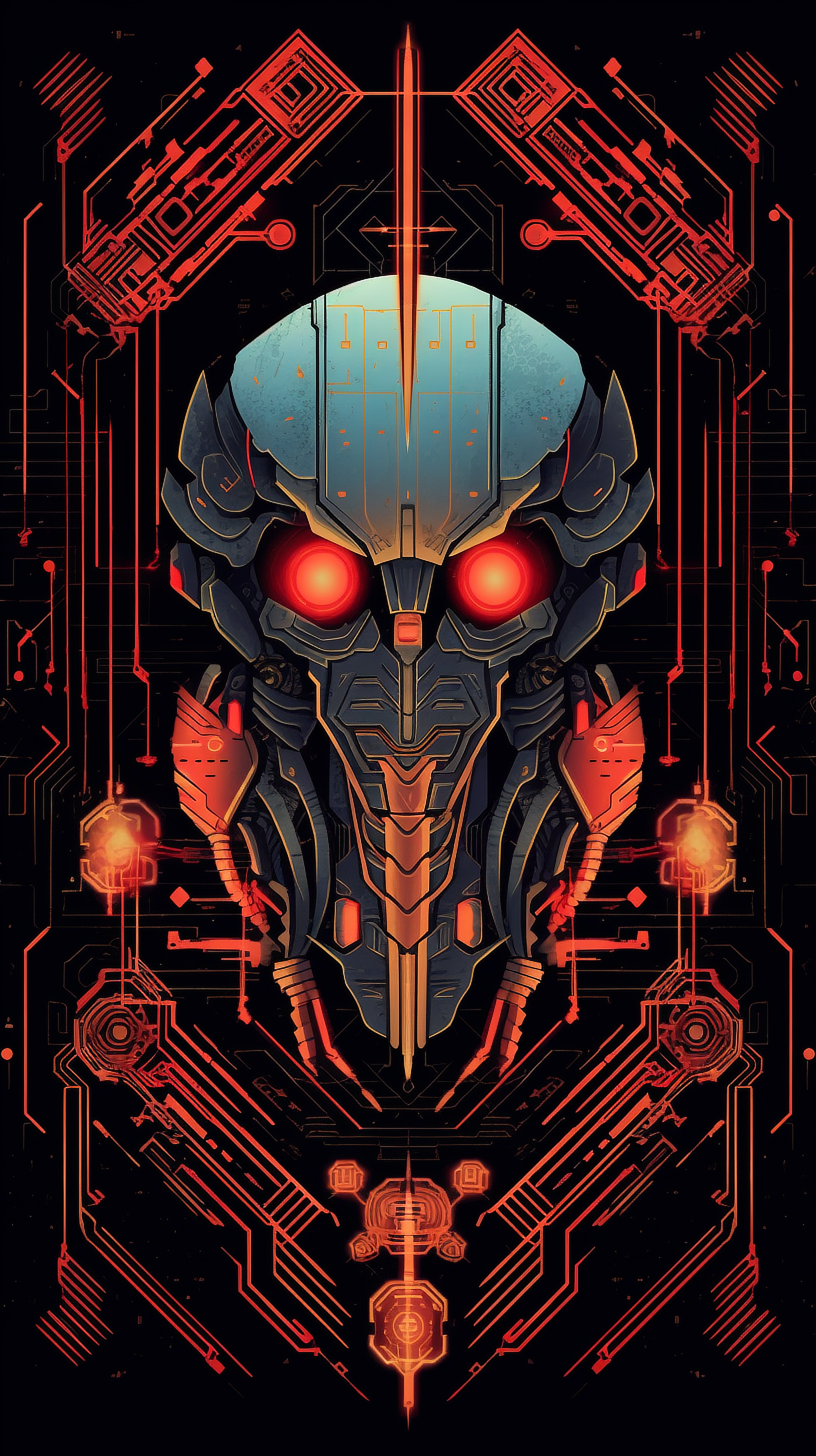 a robot head with red eyes