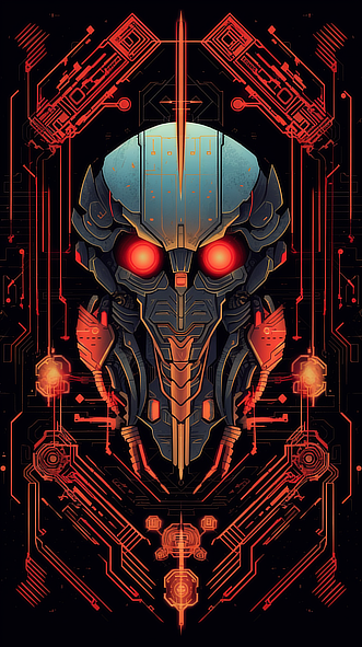 a robot head with red eyes