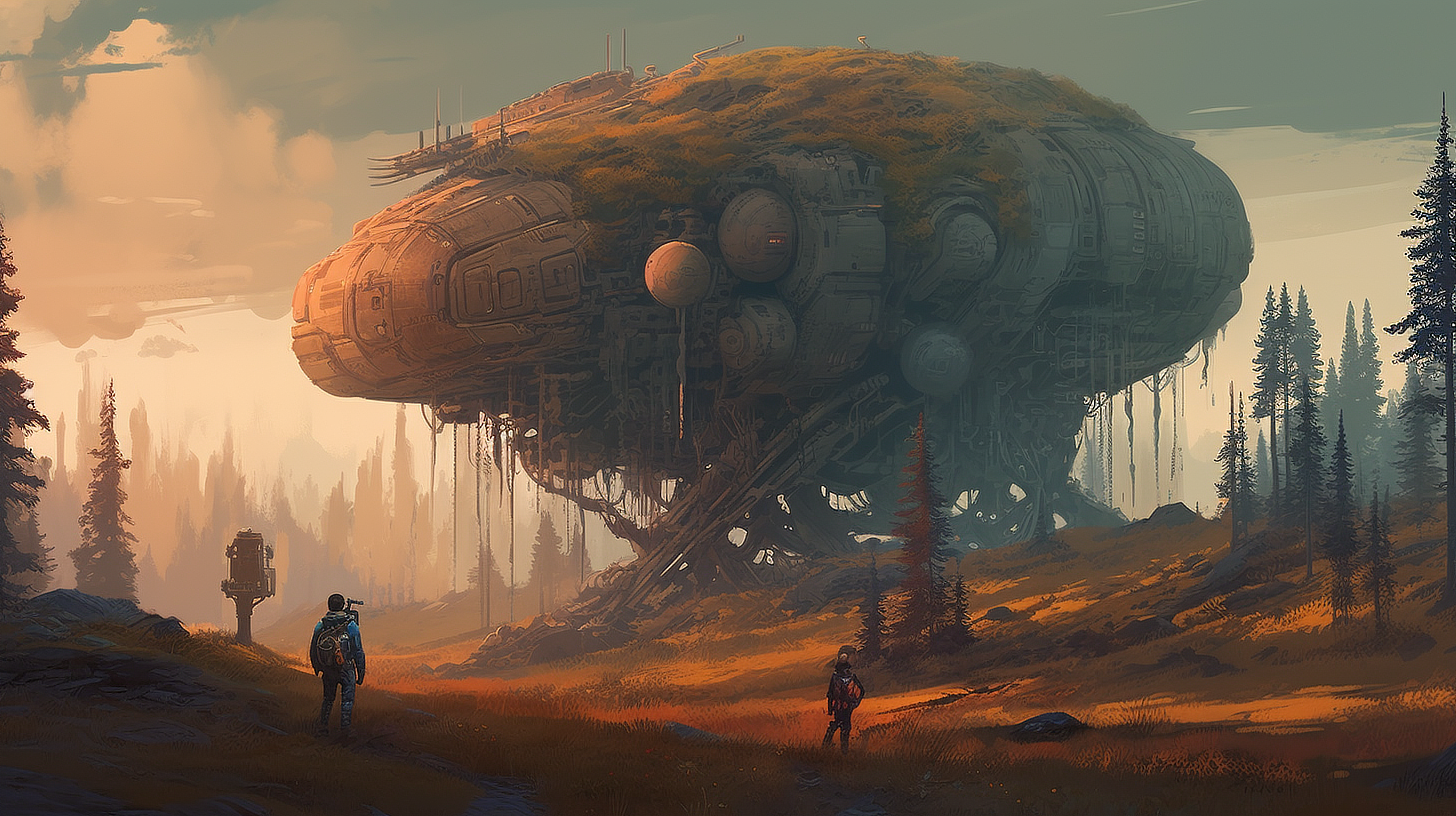 a large futuristic structure with trees and people walking around