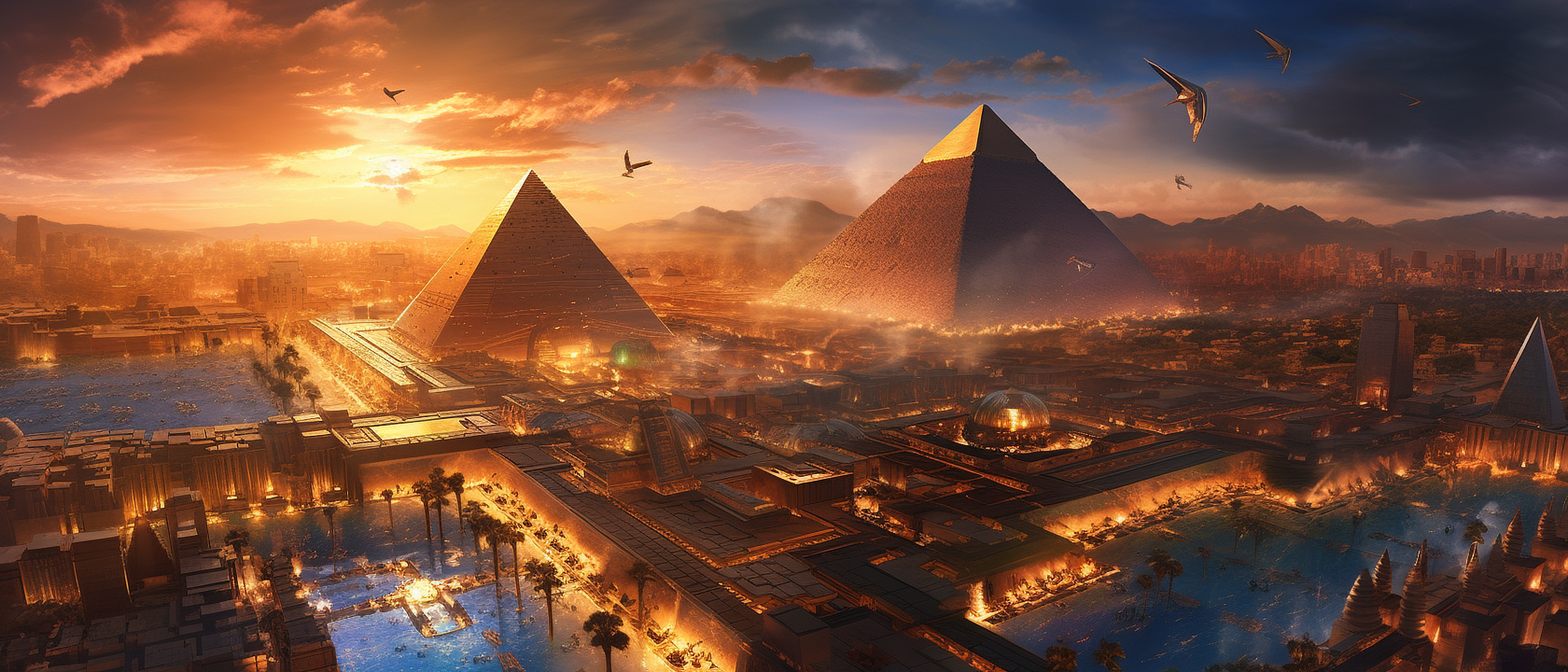 a city with pyramids and a bird flying in the sky