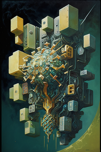 a artwork of a tree with many squares and a ball