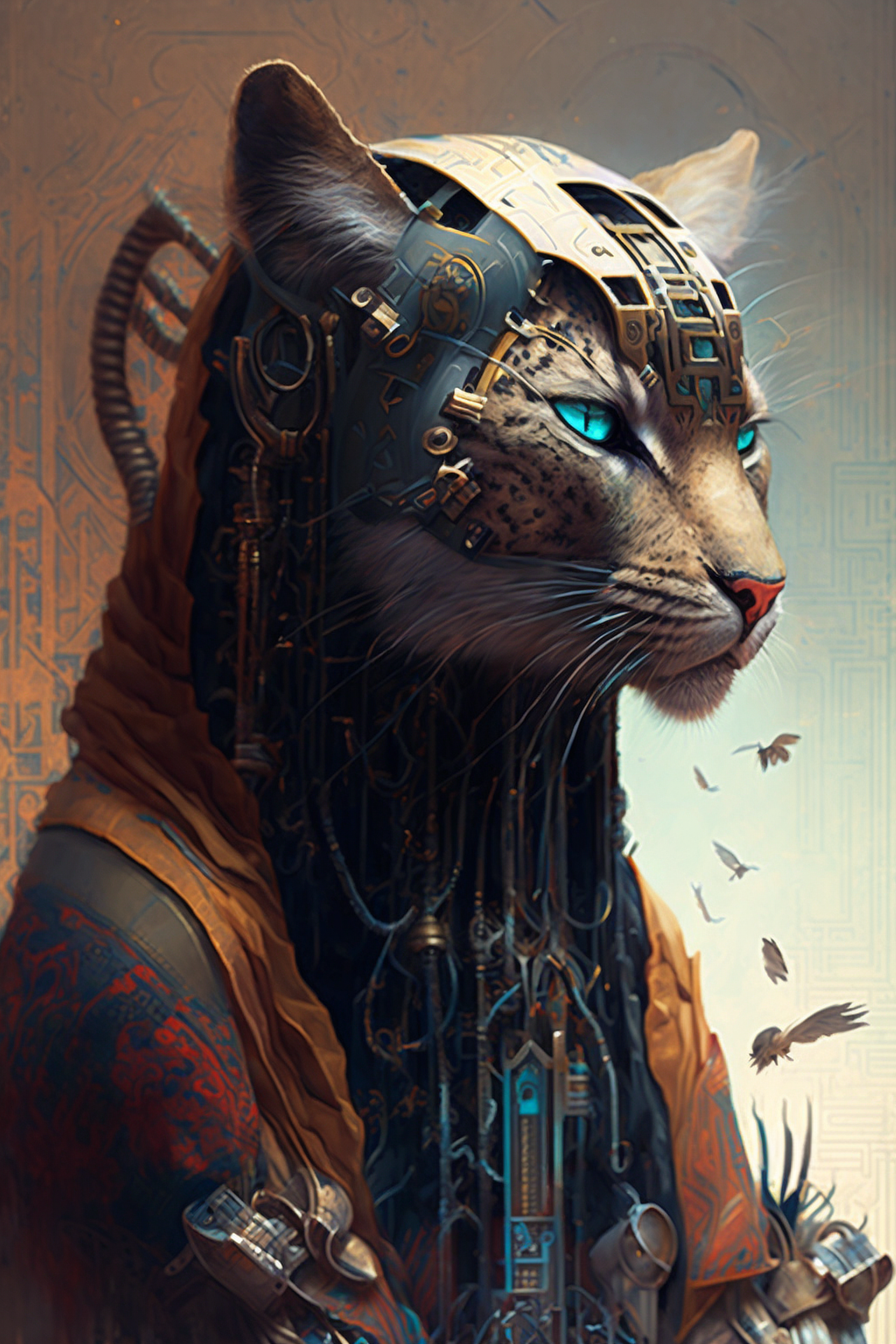 a cat with a mechanical head