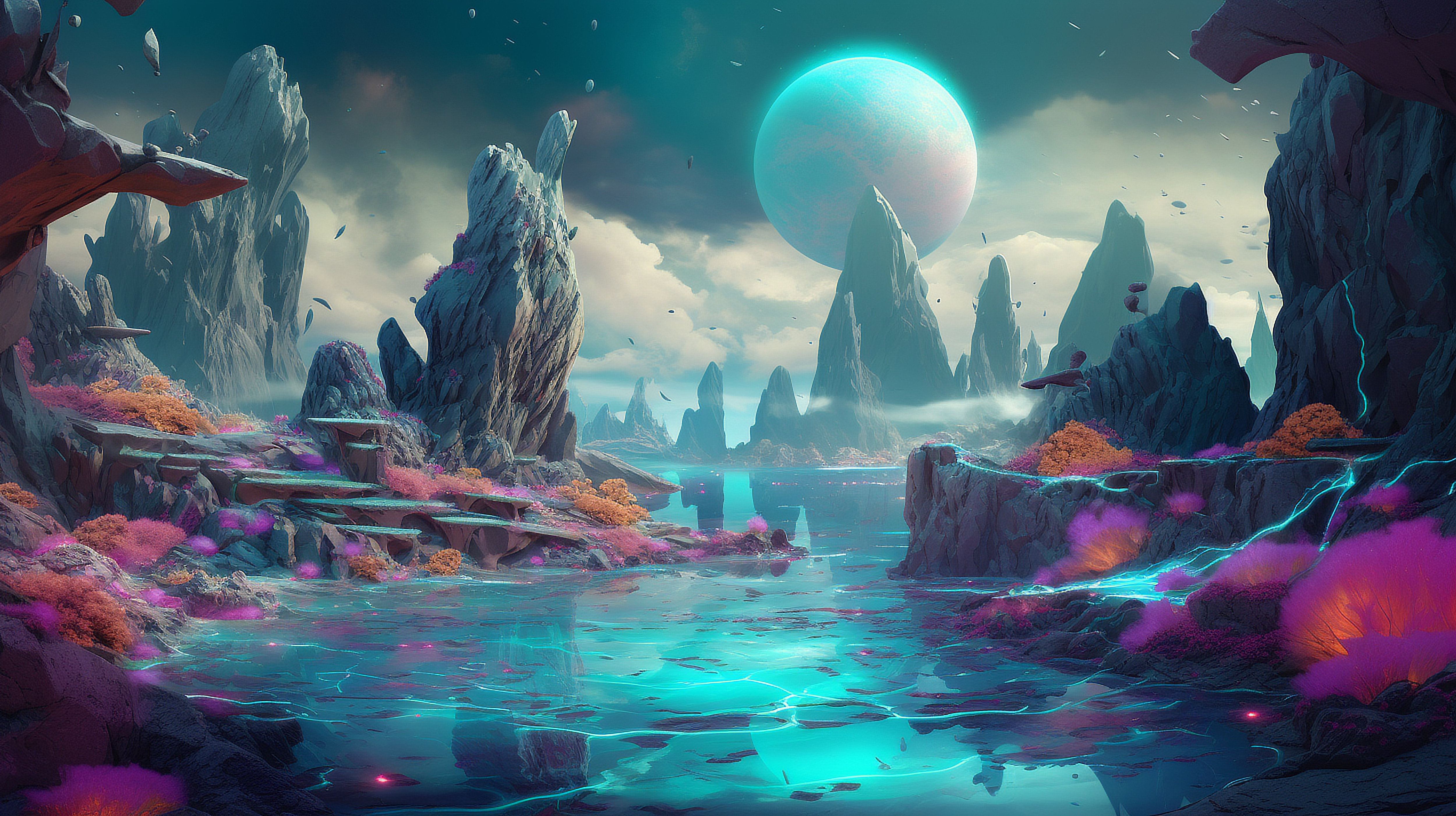 a landscape with rocks and water