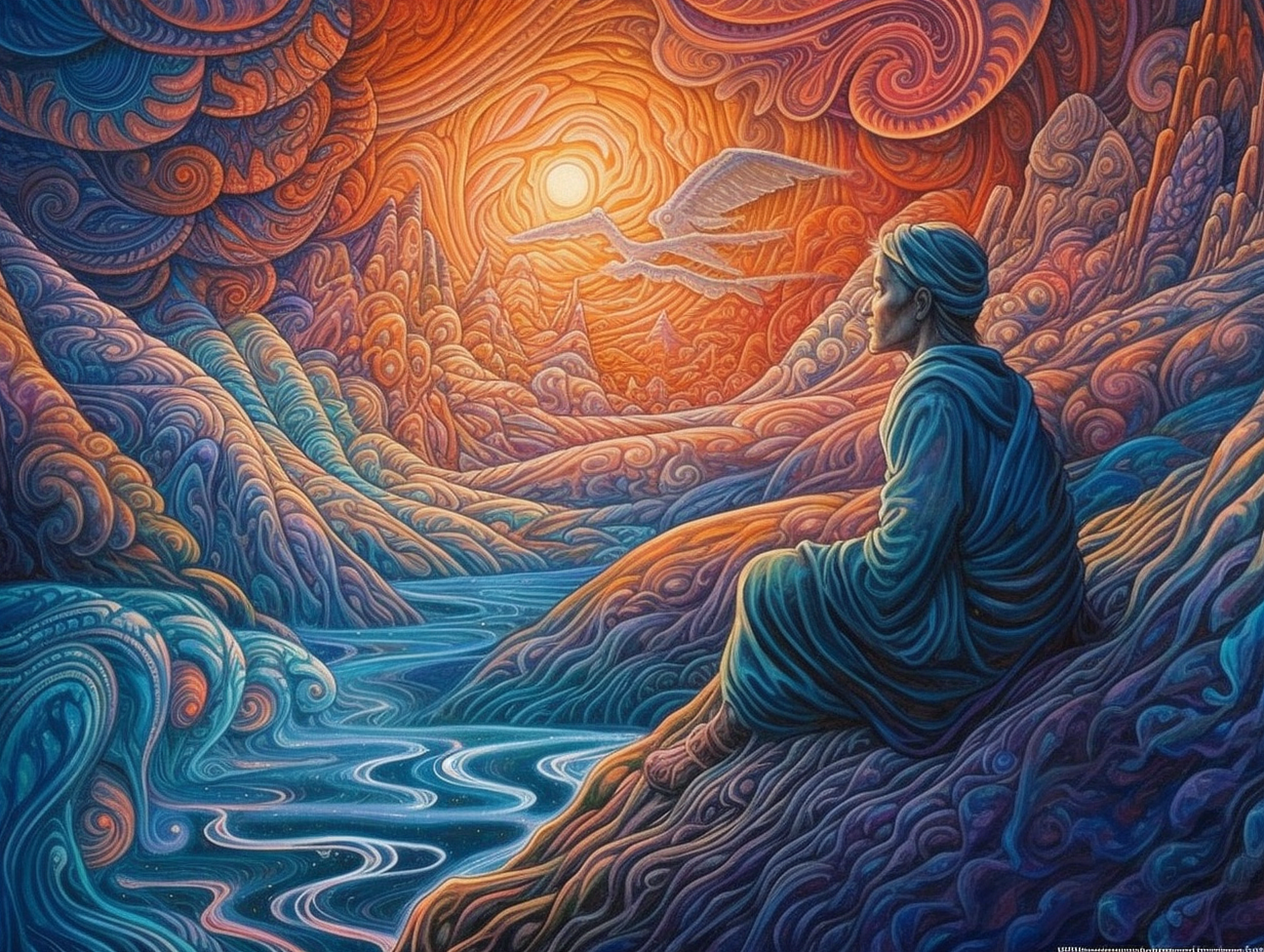 a painting of a woman sitting on a rock looking at a river