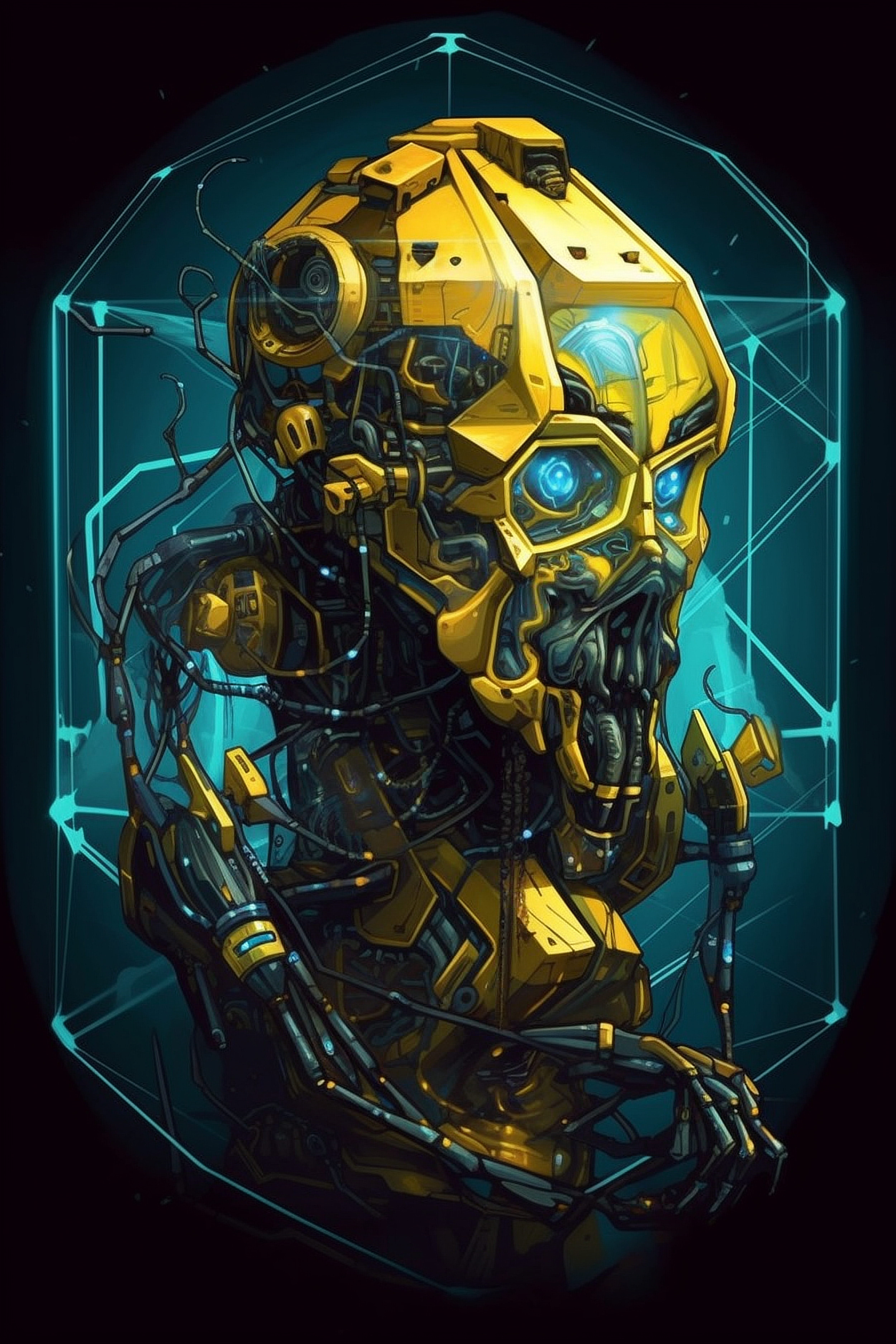 a yellow robot with blue eyes