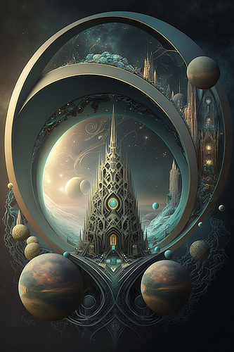 a building with a tower and many planets