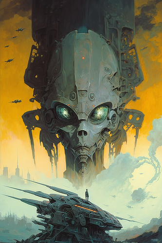 a large alien head with a man standing on a plane