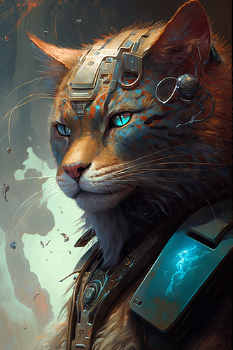 a cat with a metal helmet