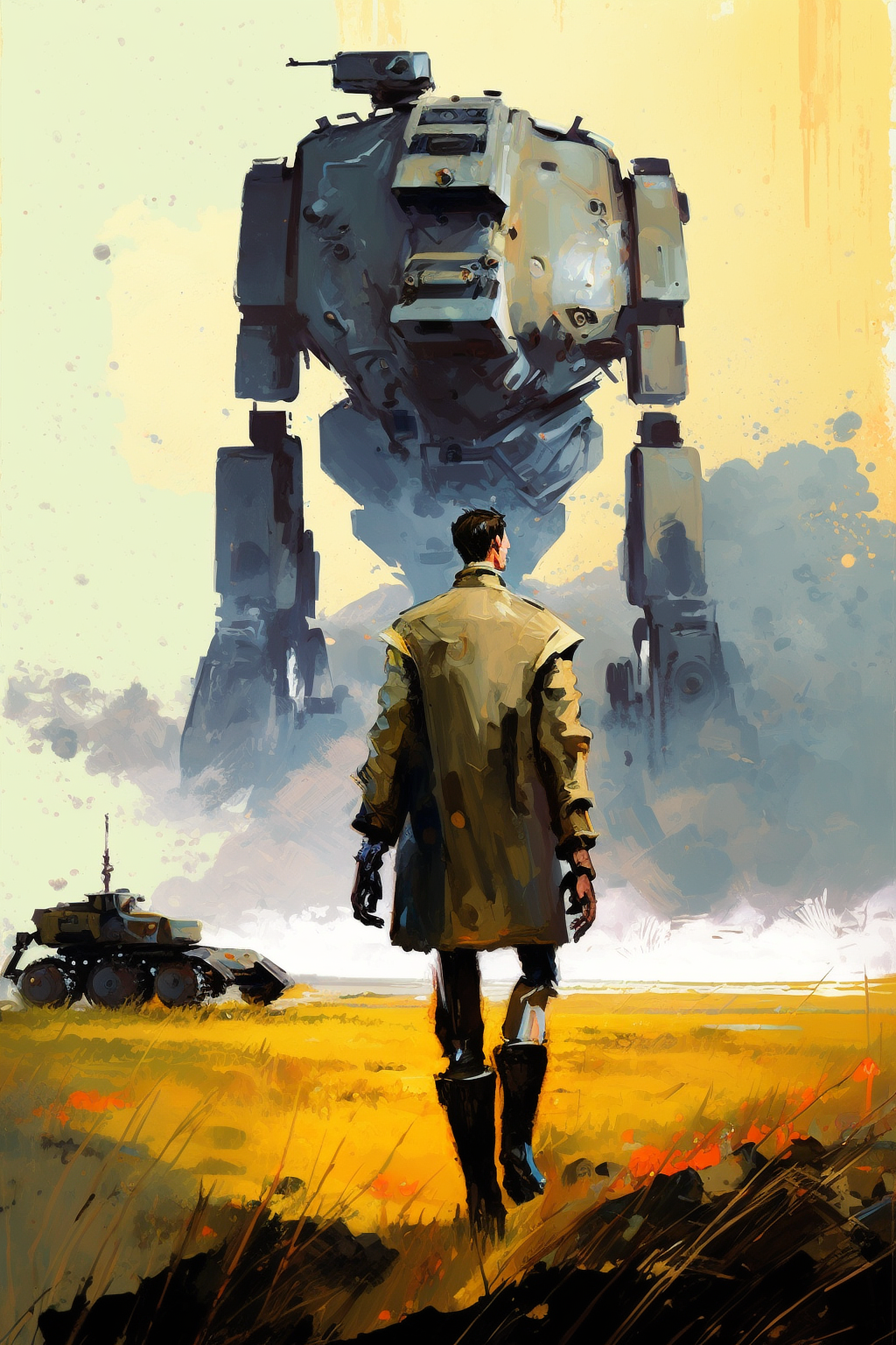 a man looking at a large robot