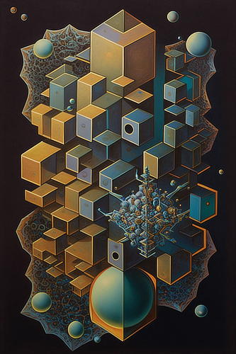 a painting of a colorful cubes and a sphere