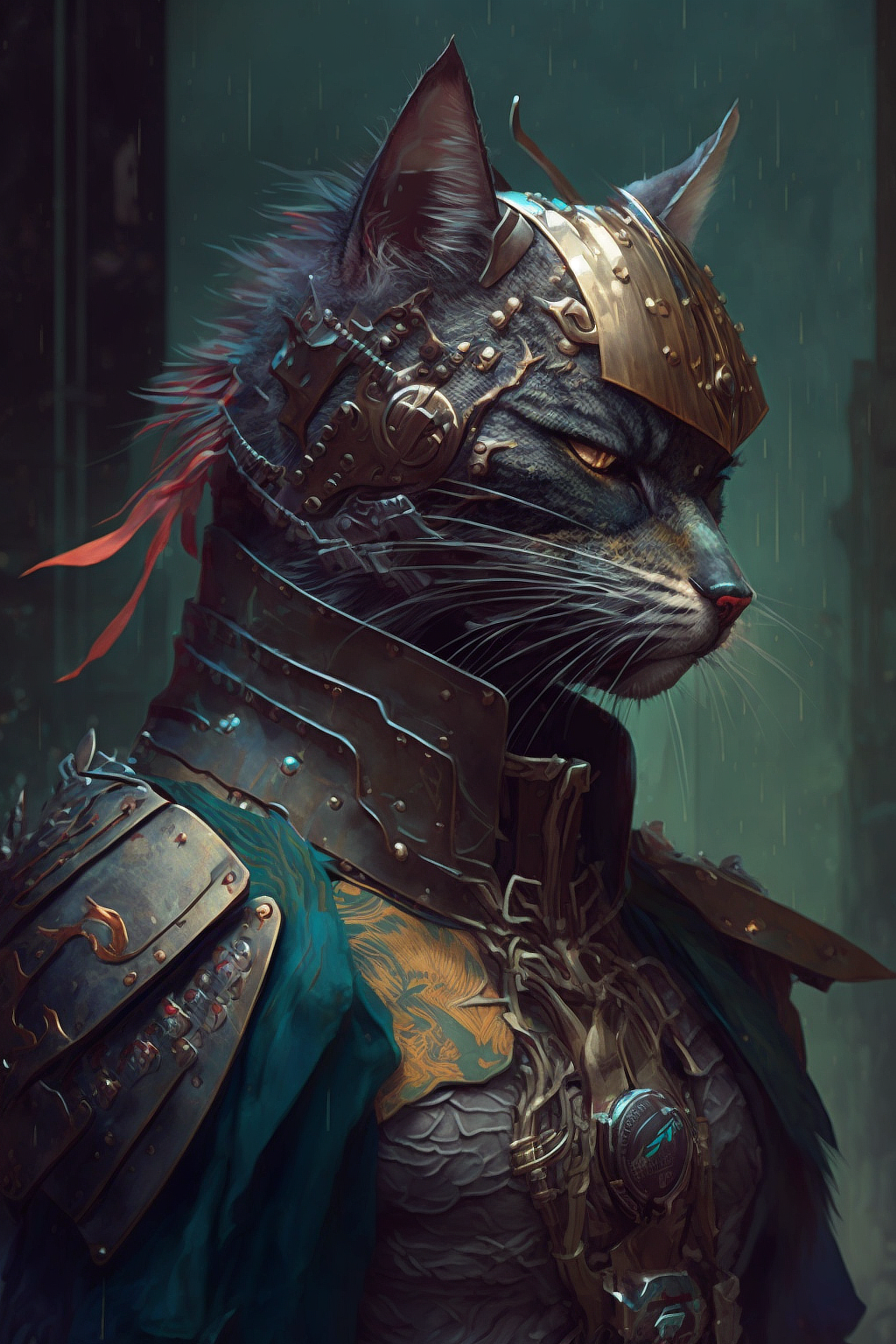 a cat in armor with a red bow