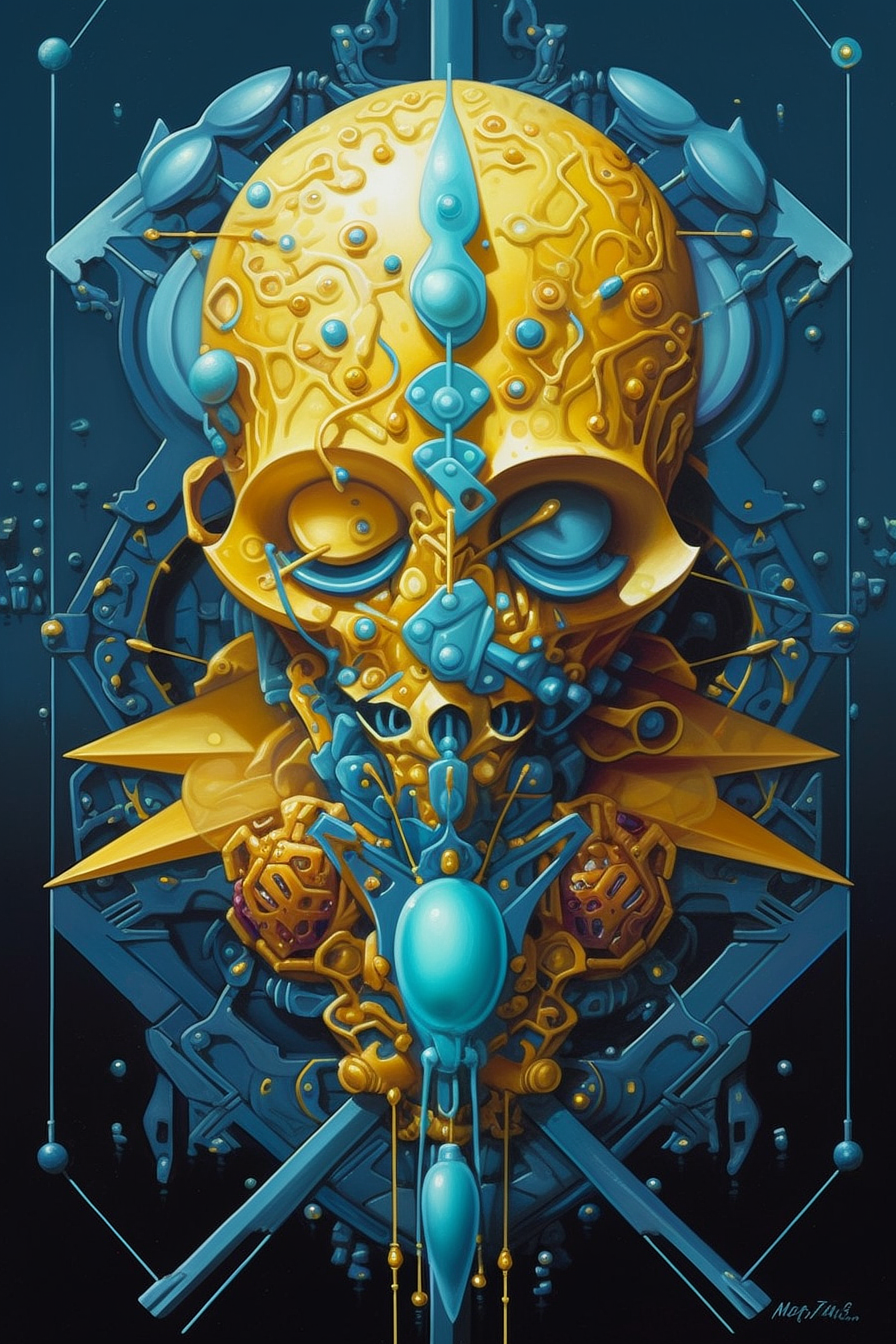 a yellow and blue robot head