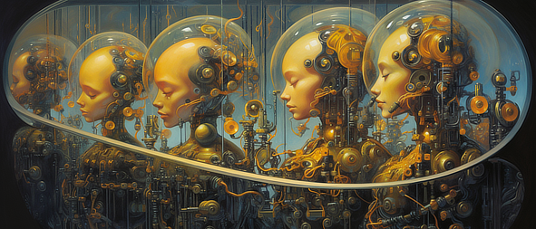 a group of robots with glass helmets