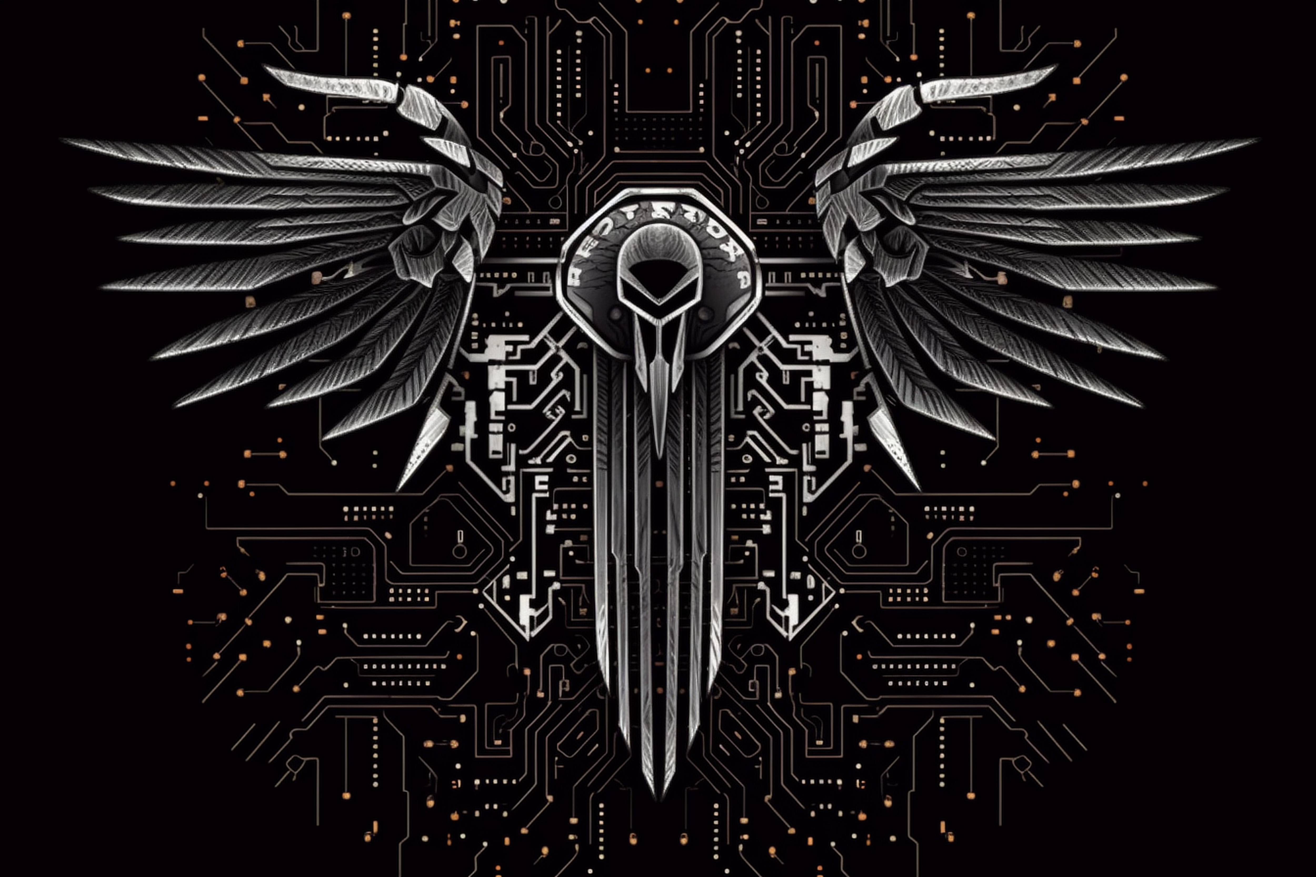 a black and white image of a bird with wings