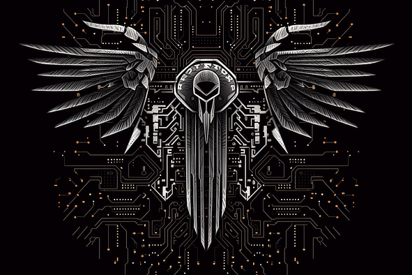 a black and white image of a bird with wings