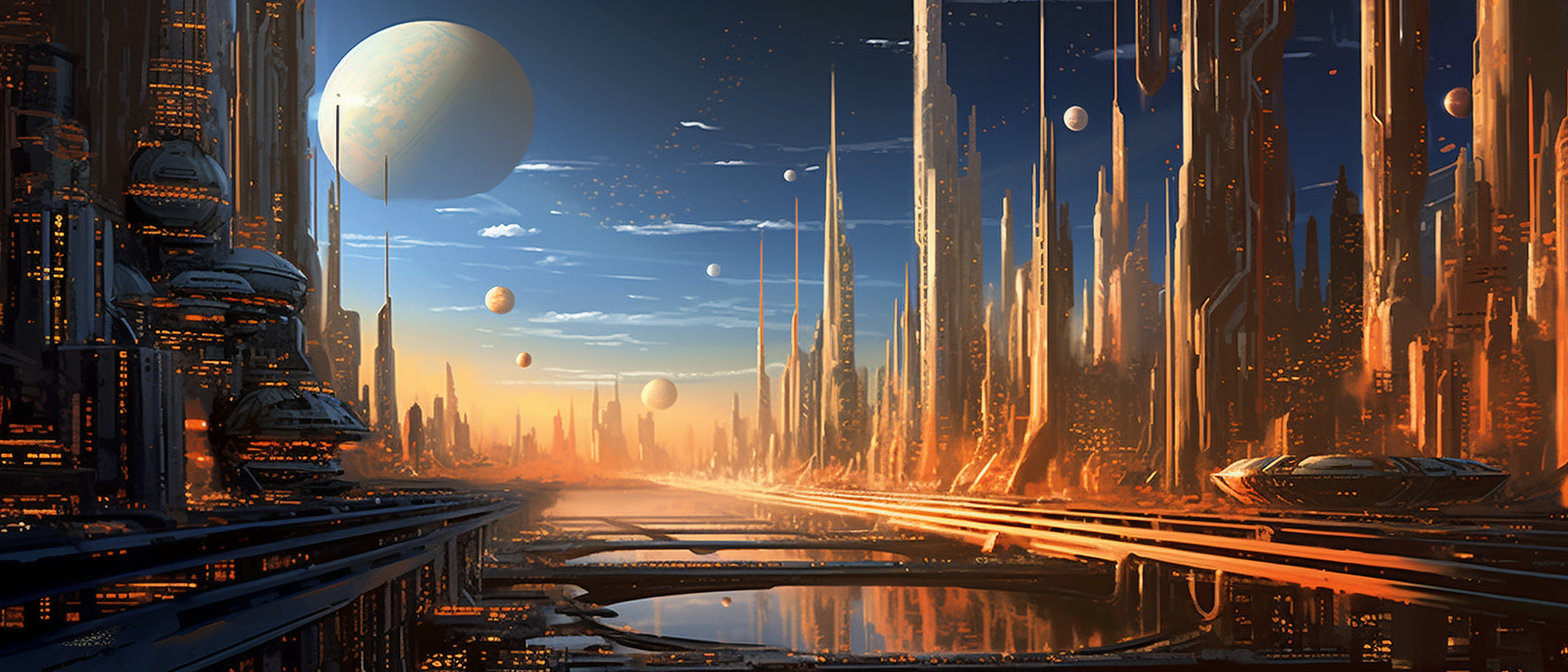 a city with many towers and a river