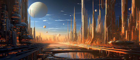 a city with many towers and a river